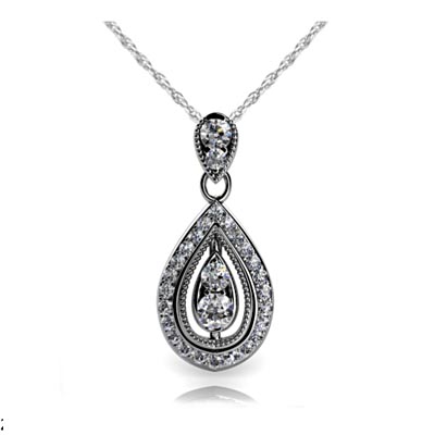 Sculptural Two Stone Halo Drop Shape Diamond Pendant 1/2 Carat Total Weight