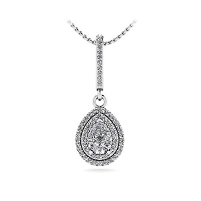 Double Halo Pear Solitaire Diamond Pendant 0.79 Carat Total Weight