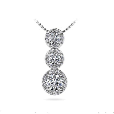 Graduated Three Stone Drop Halo Diamond Pendant 1.42 Carat Total Weight