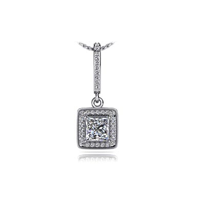 Princess Cut Diamond Halo Drop Pendant 1/3 Carat Total Weight