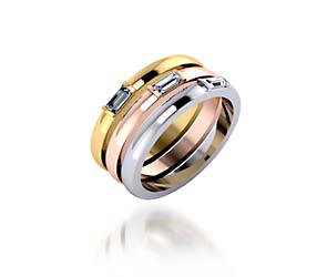 Stackable Tri-Color Wedding/Anniversary Ring with Baguettes