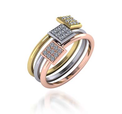 Tri Color Stackable Square Faced Diamond Ring 1/4 Carat Total Weight