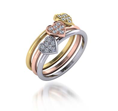 Stackable Tri Color Heart Diamond Ring 1/5 Carat Total Weight