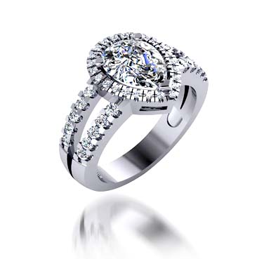 Pear Shaped Split Shank Halo Diamond Ring 1.55 Carat Total Weight