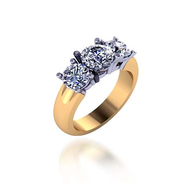 Two Tone 3 Stone Diamond Ring 1.45 Carat Total Weight