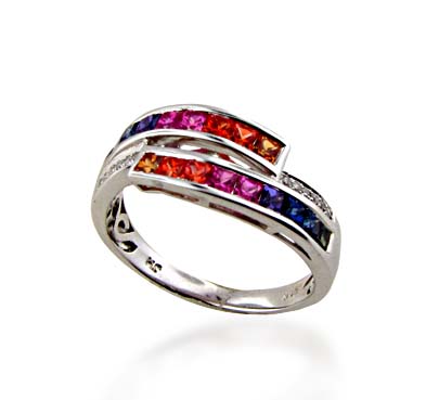 Sterling Silver Multi-color Sapphire Ring 1.08 Carat Total Weight