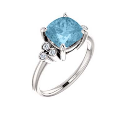 Cushion Cut Aquamarine Diamond Accented Ring .90 Carat Total Weight