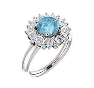 Halo Style Aquamarine Diamond Ring 1.65 Carat Total Weight