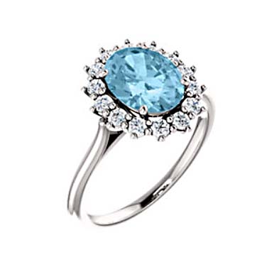 Oval Cut Aquamarine Halo Style Diamond RIng Ring 1.85 Carat Total Weight