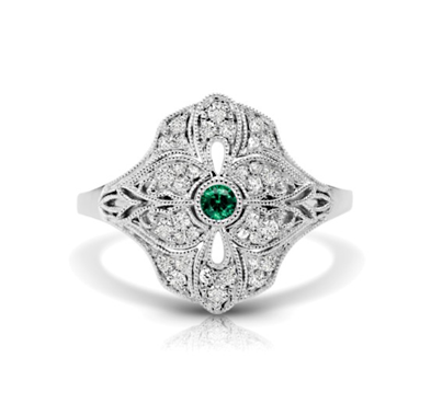 Vintage Emerald & Diamond Flower Ring 1/4 Carat Total Weight