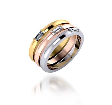 Stackable Tri-Color Wedding/Anniversary Ring with Baguettes 0.84 Carat Total Weight