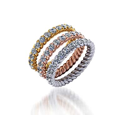 Stackable Tri-Color Rope Collection Wedding/Anniversary Ring 3.9 Carat Total Weight