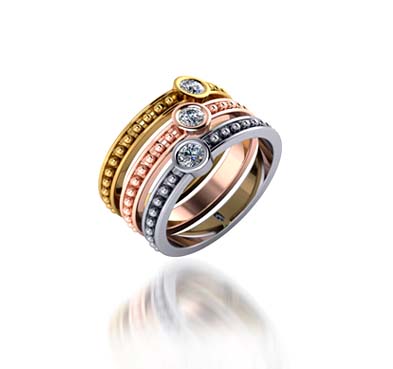 Tri Color Stackable Beaded Wedding/Anniversary Ring 1/3 Carat Total Weight
