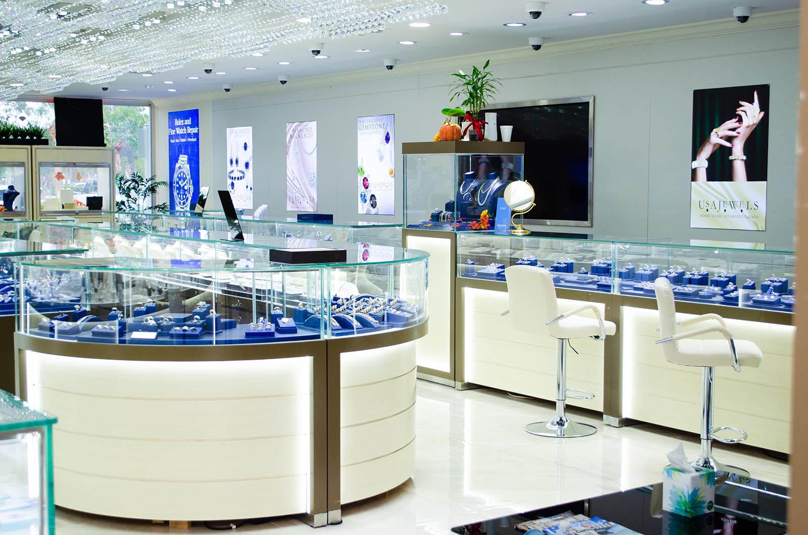 USA Jewels showroom interior with diamond display cases