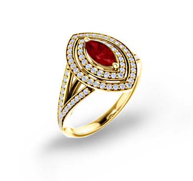 Double Halo Split Shank Halo Ruby and Diamond Ring 1.18 Carat Total Weight
