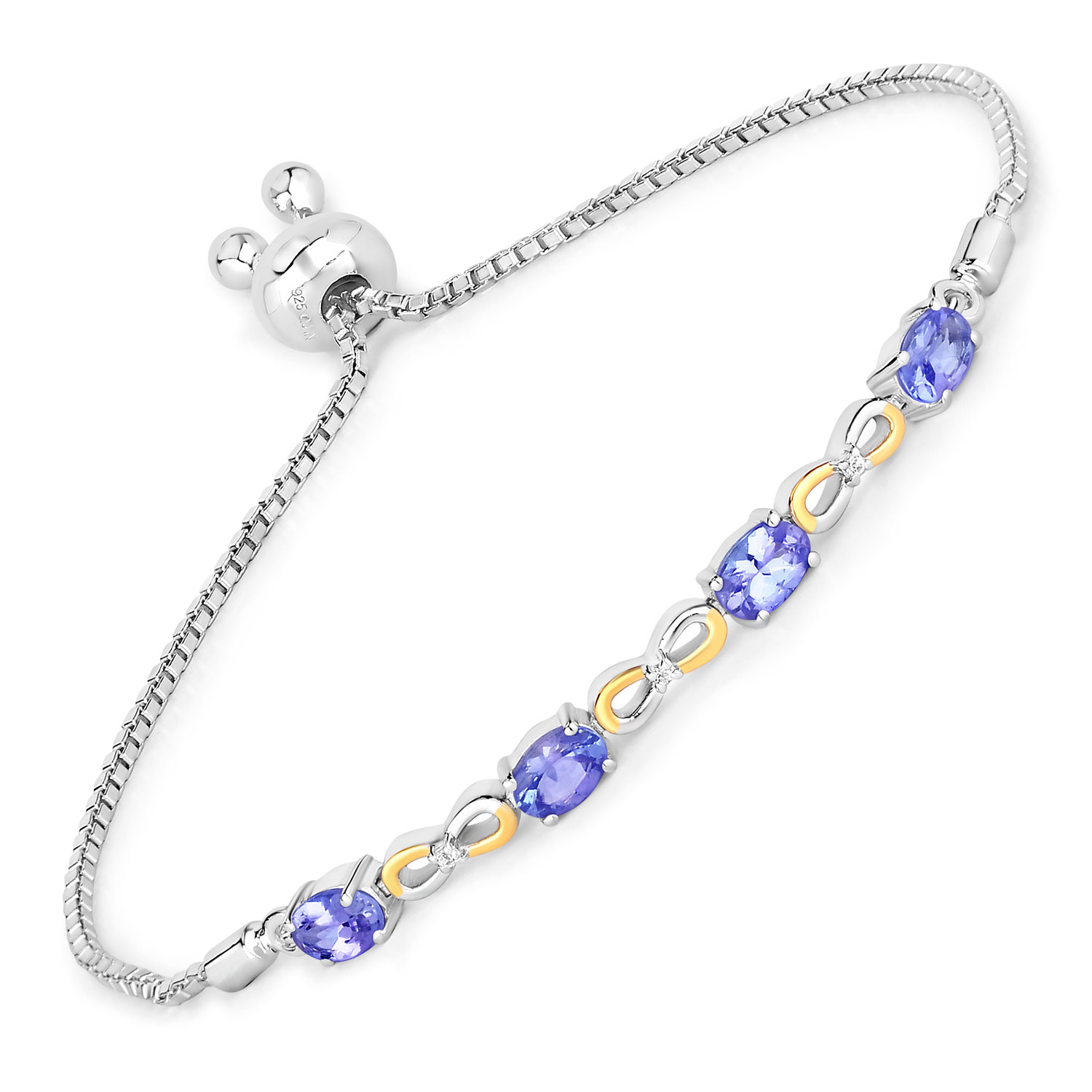 1.81 Carat Genuine Tanzanite and White Topaz .925 Sterling Silver Bracelet Regular Quality