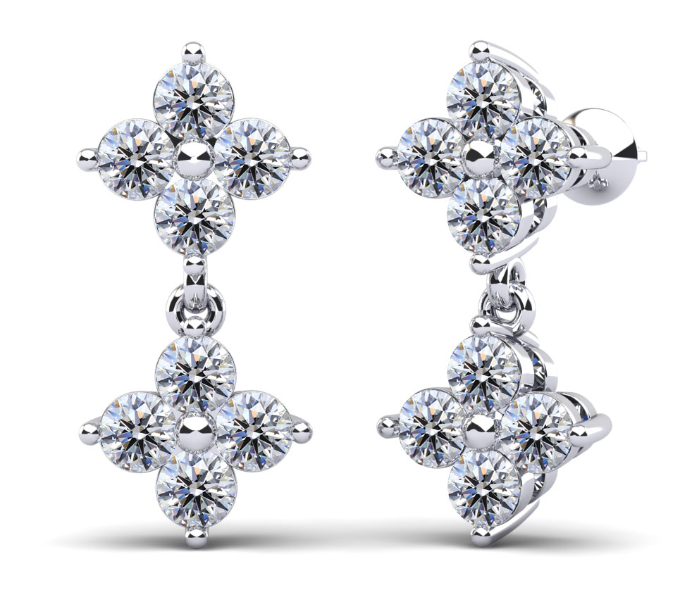 Elegant Diamond Drop Earrings with Dual Clusters of 4 Diamonds