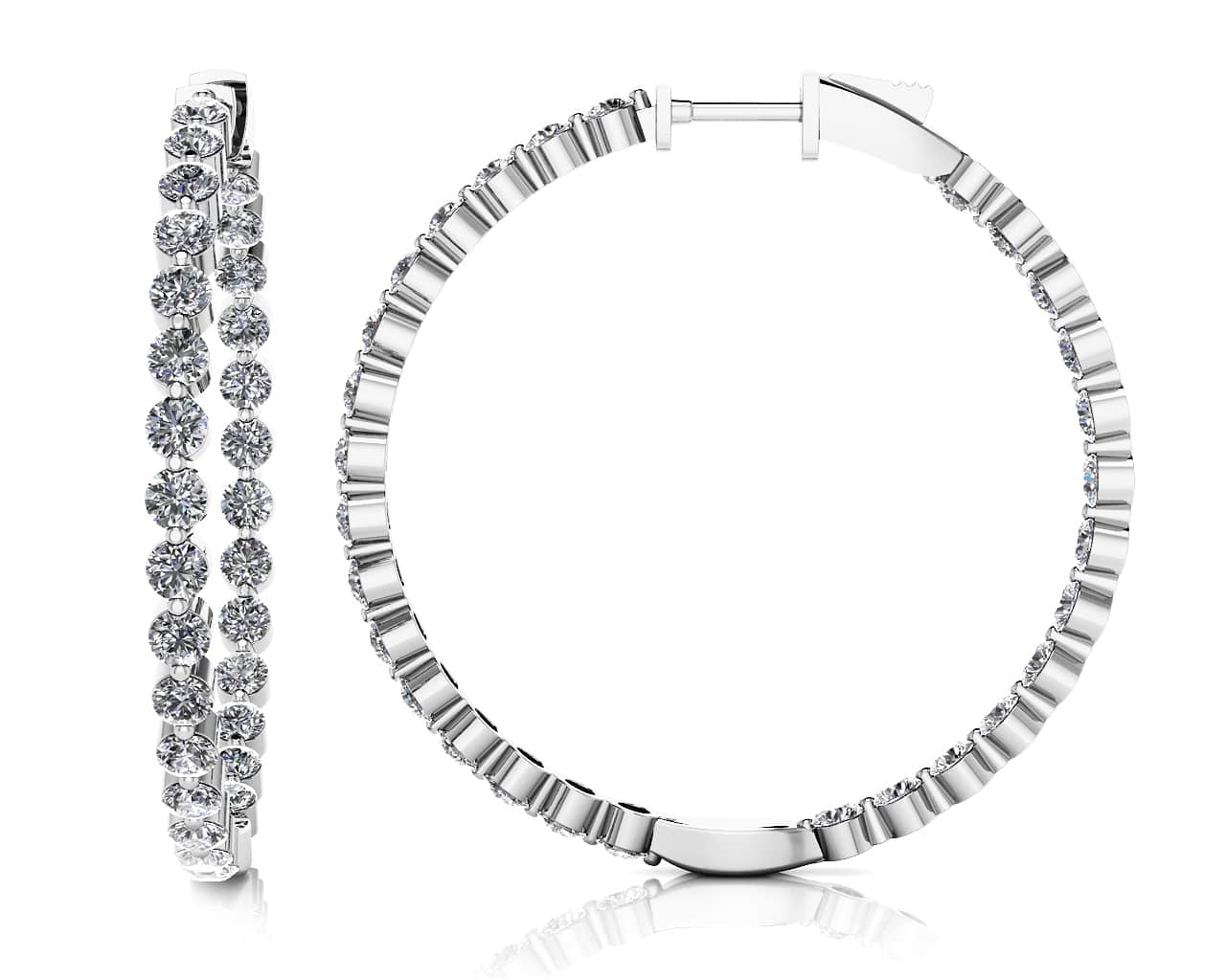 Shared Prong Large Diamond Hoop Earrings 2.44 Carat Total Weight