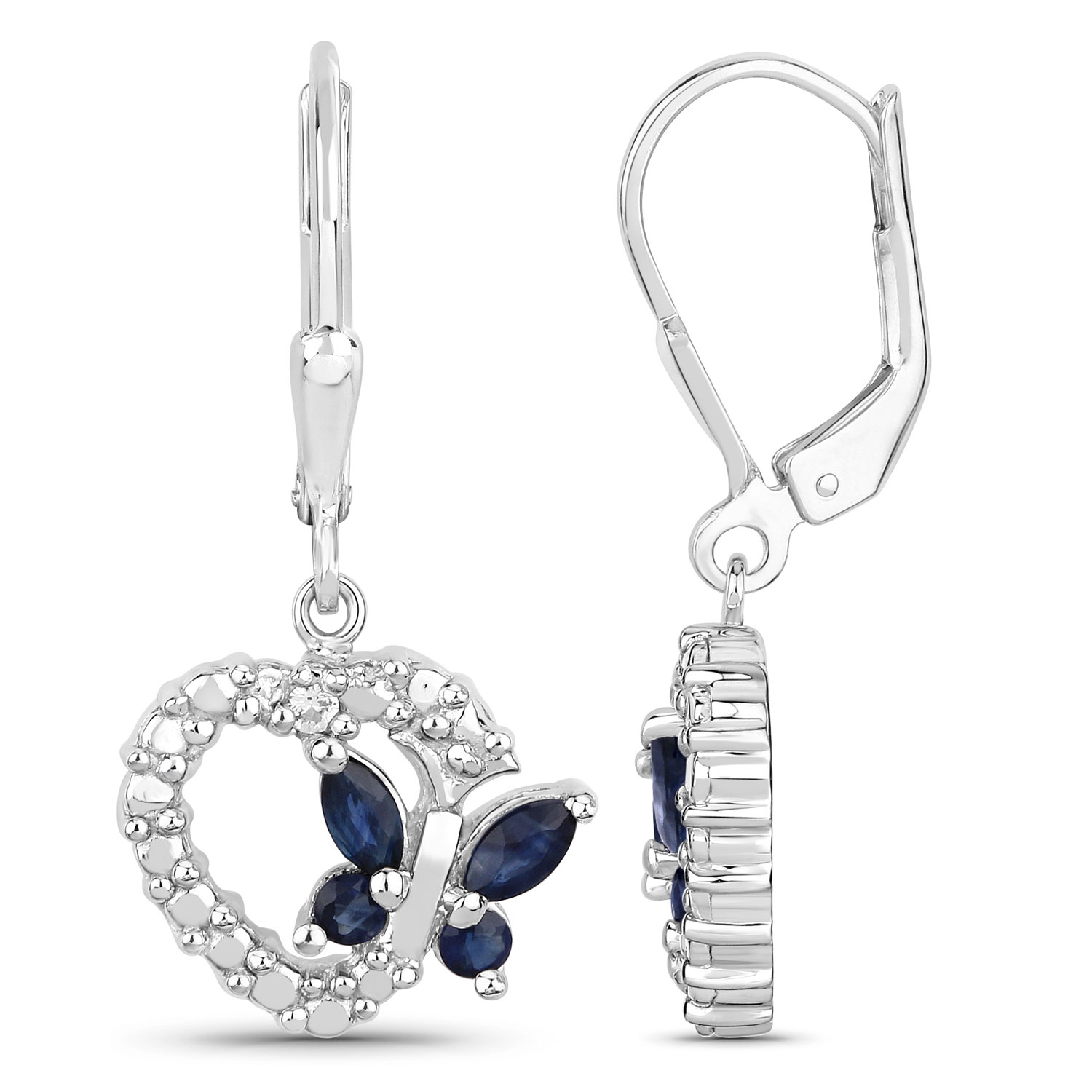 0.57 Carat Genuine Blue Sapphire and Created White Sapphire .925 Sterling Silver Earrings Regular Quality
