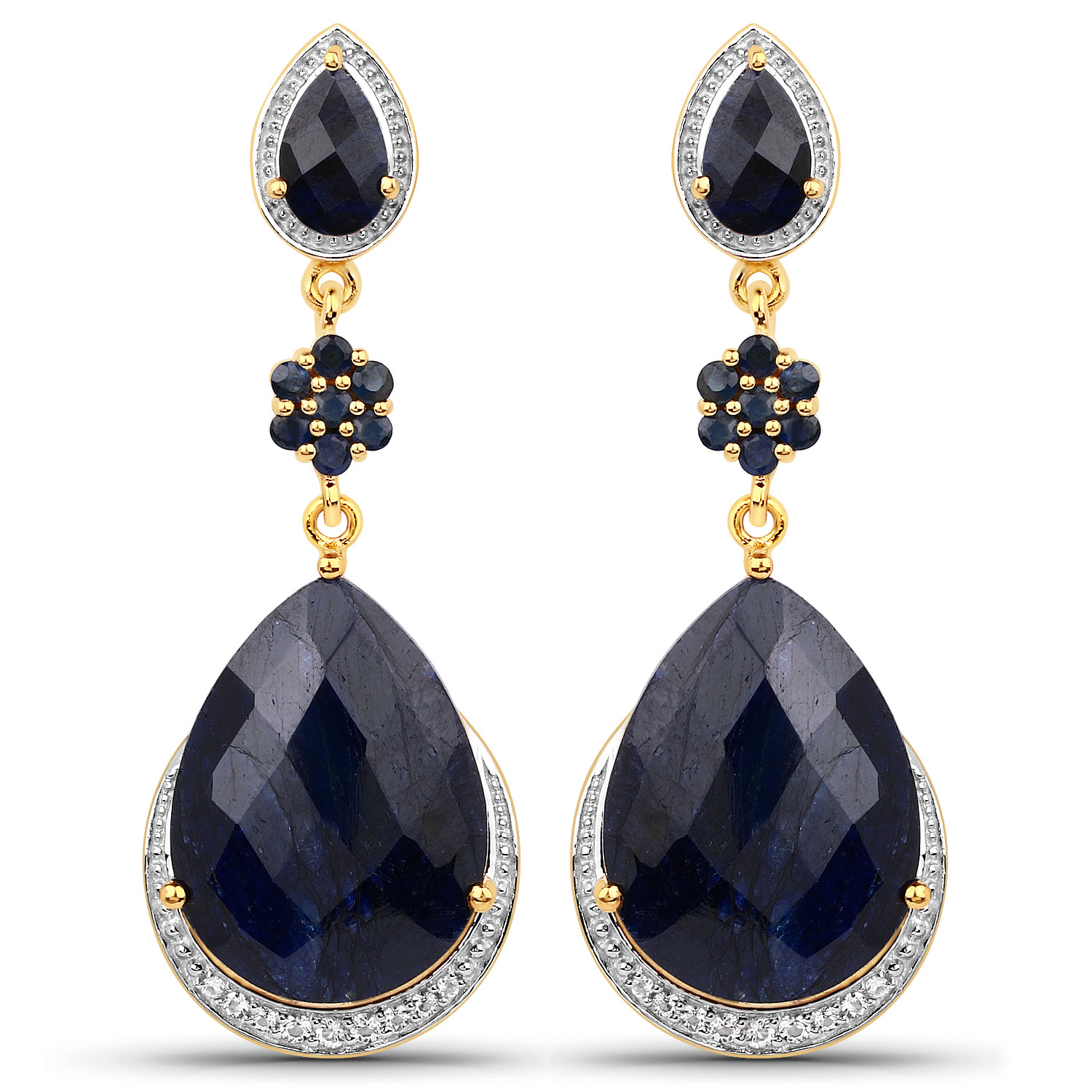 30.04 Carat Dyed Sapphire, Blue Sapphire and White Topaz .925 Sterling Silver Earrings Regular Quality