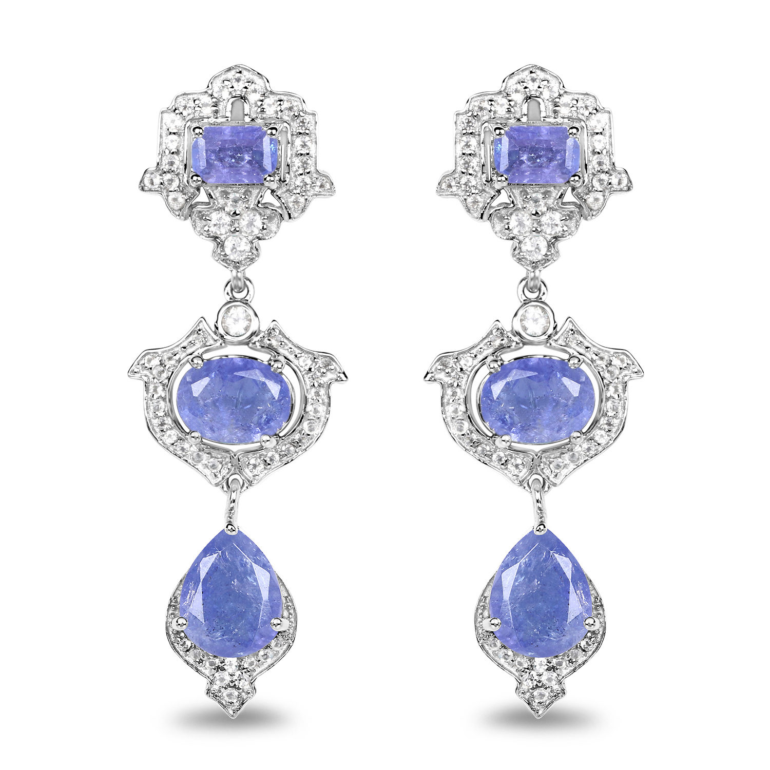 7.73 Carat Genuine Tanzanite and White Topaz .925 Sterling Silver Earrings Regular Quality