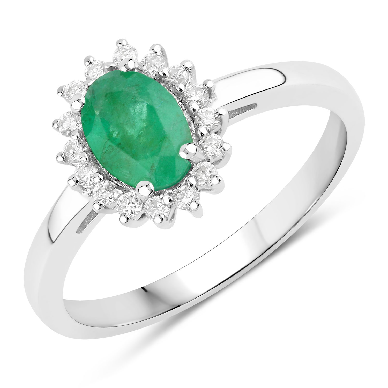 0.88 Carat Genuine Zambian Emerald and Lab Grown Diamond .925 Sterling Silver Ring Regular Quality