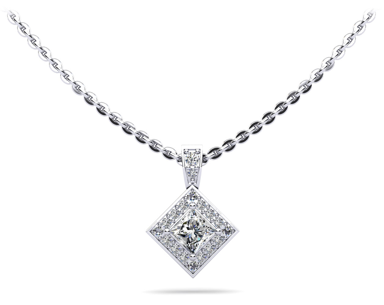 Princess Cut Diamond Pendant with Surrounded Round Diamonds
