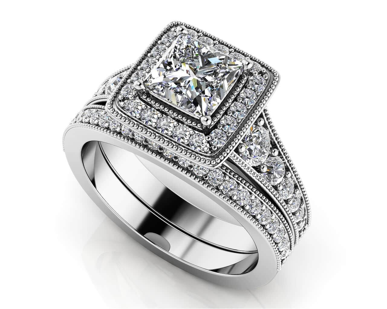 Stunning Halo Princess Cut Bridal Set Ring 1.75 Carat Total Weight