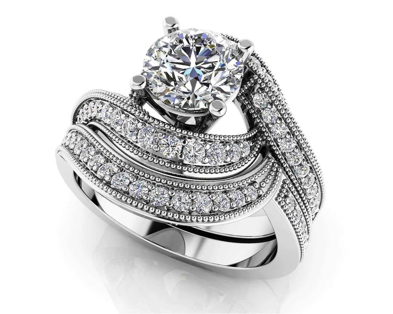 Modern Swirl Round Diamond Bridal Set Ring 1.0 Carat Total Weight