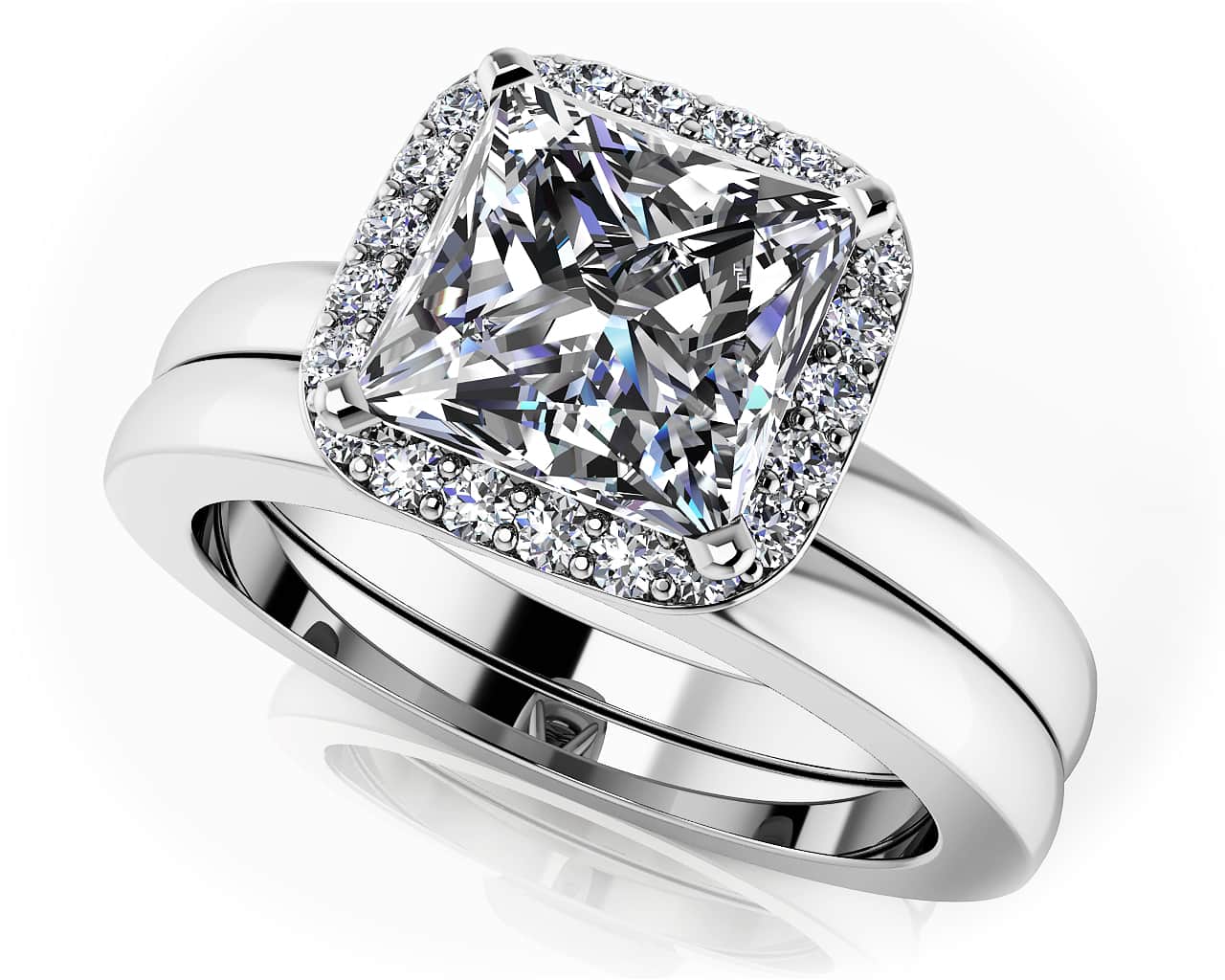 Perfect Halo Princess Square Frame Bridal Set Ring 1.14 Carat Total Weight