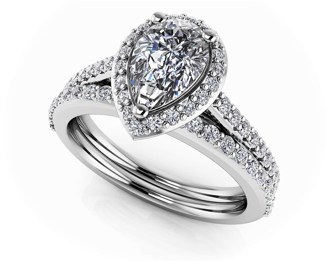 Romantic Pear Shaped Halo Diamonds Bridal Set Ring 0.84 Carat Total Weight