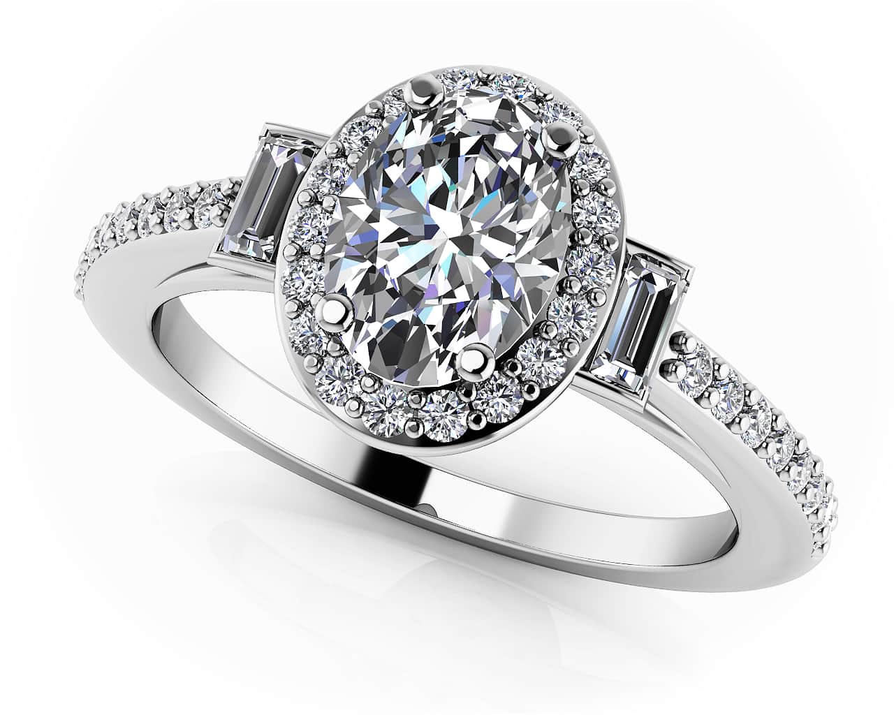 Luxurious Oval and Baguette Halo Diamond Ring .90 Carat Total Weight