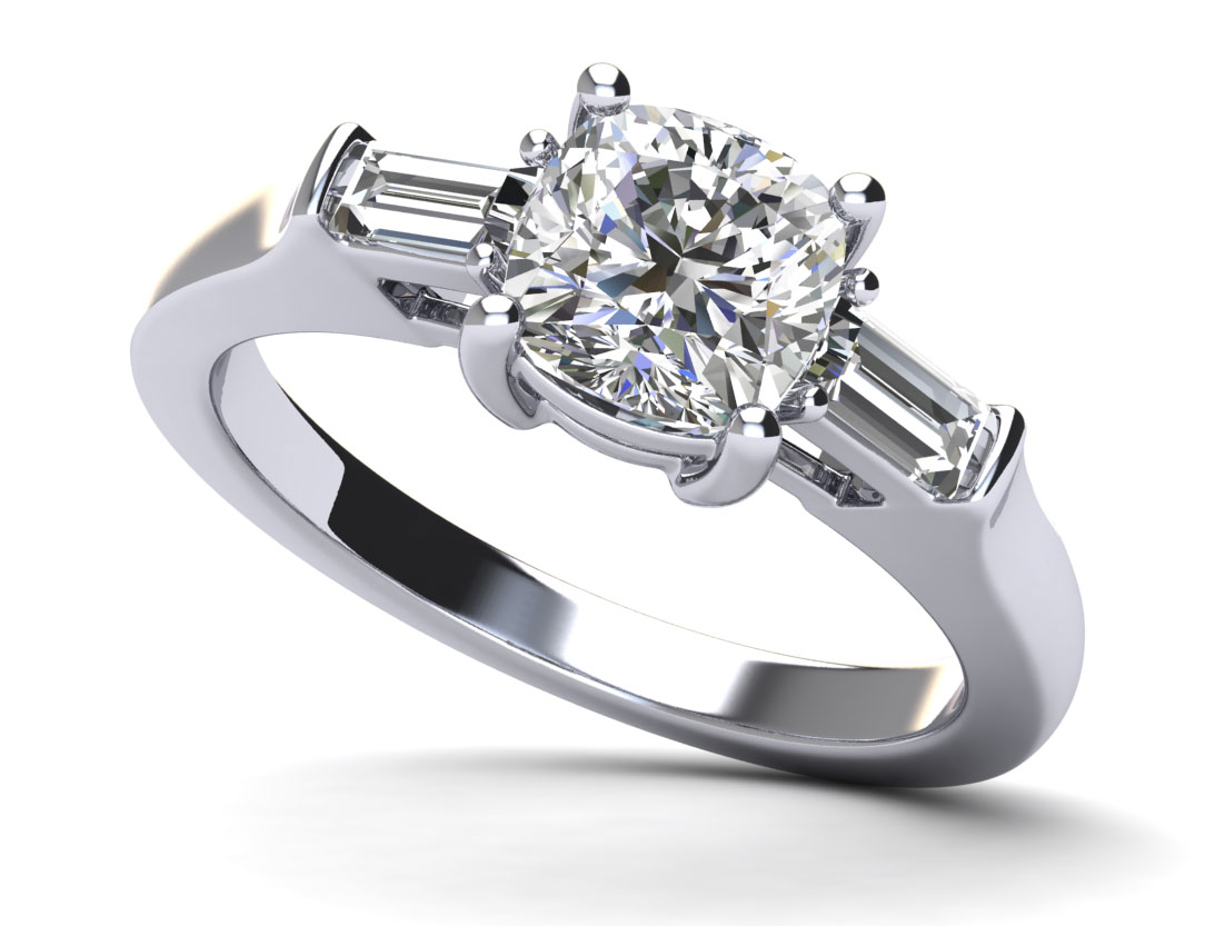 Three Stone Cushion and Baguette Engagement Ring