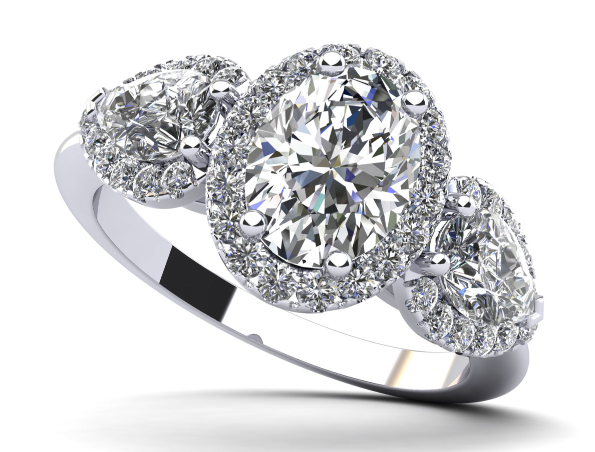 Oval and Pear Halo Diamond Engagement Ring 1.25 Carat Total Weight