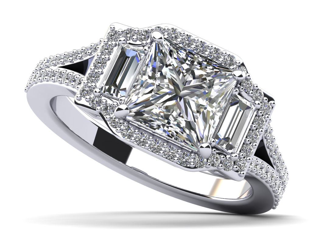 Princess and Baguettes Halo Engagement Ring 0.94 Carat Total Weight