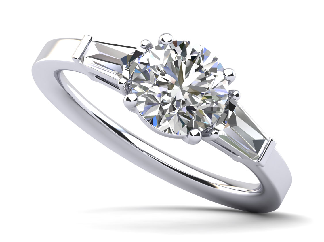 Three Stone Round and Baguette Engagement Ring 0.8 Carat Total Weight