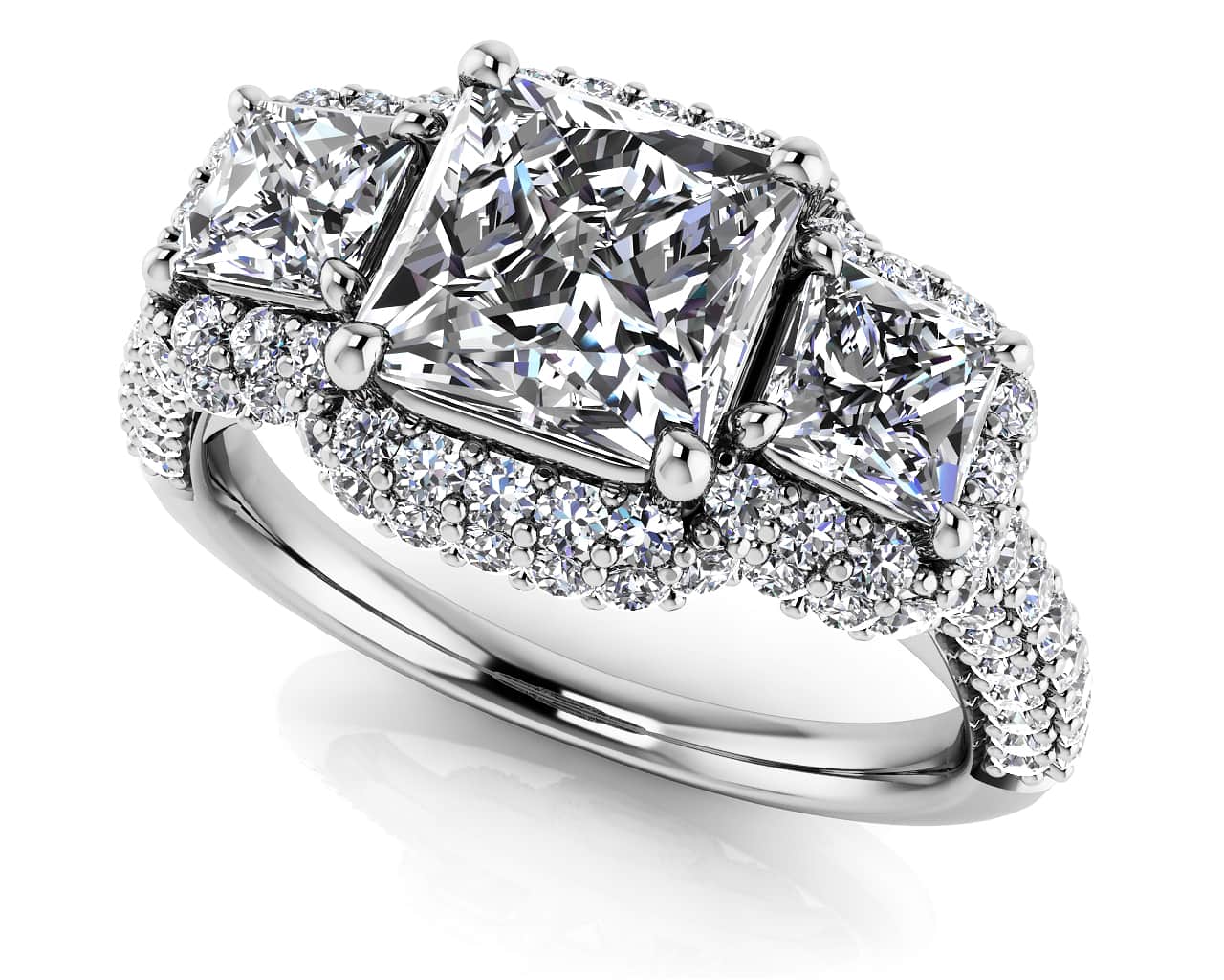 Three Stone Diamond Double Halo Anniversary Ring 2.09 Carat Total Weight