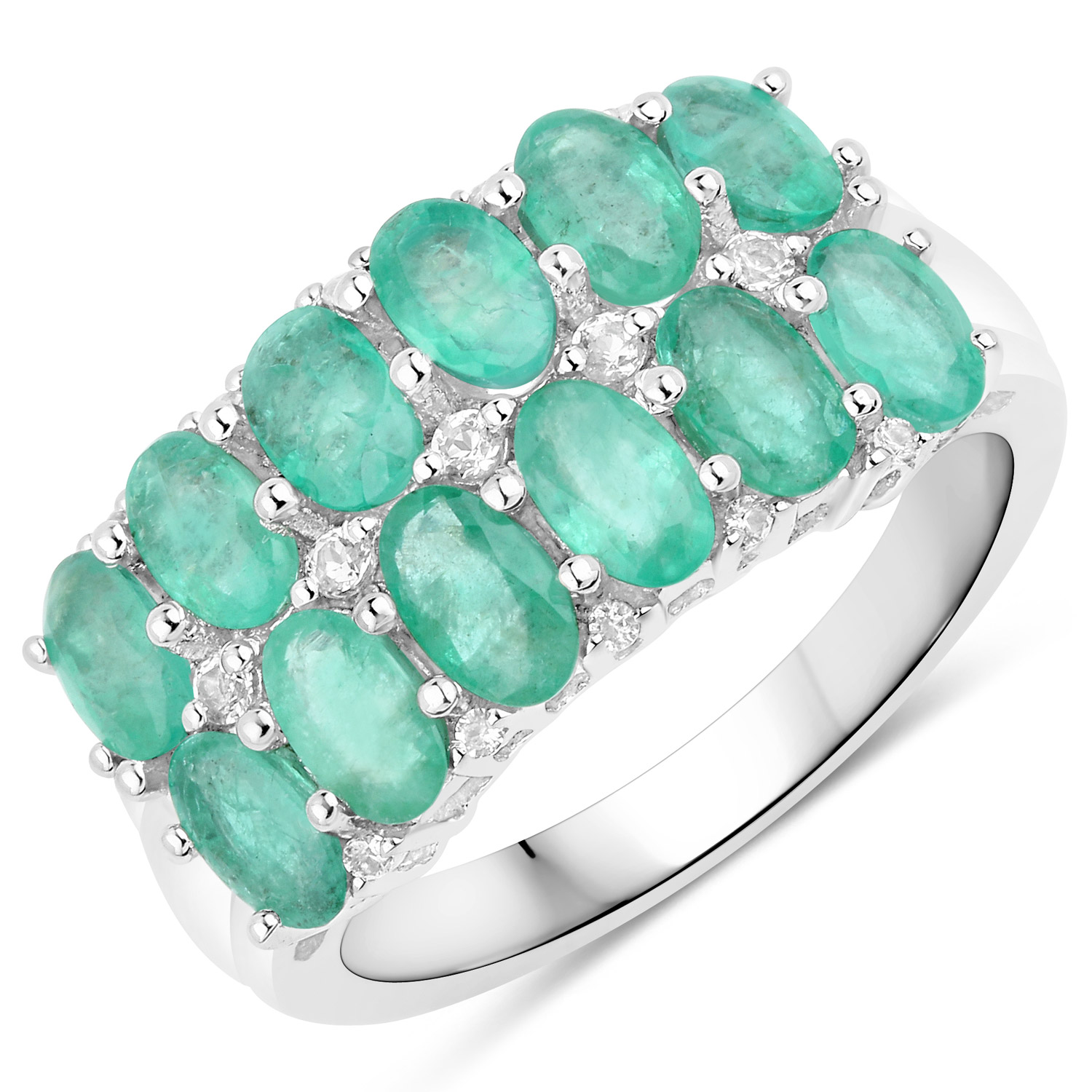 2.56 Carat Genuine Emerald and White Topaz .925 Sterling Silver Ring Regular Quality