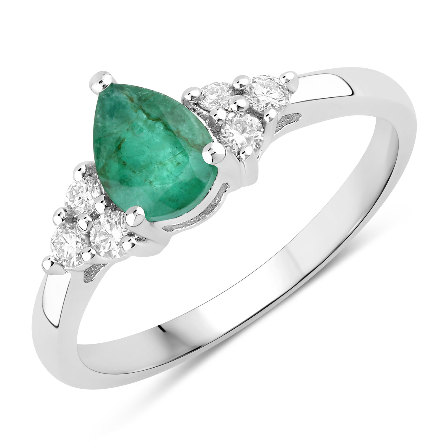 0.86 Carat Genuine Zambian Emerald and Lab Grown Diamond .925 Sterling Silver Ring Regular Quality