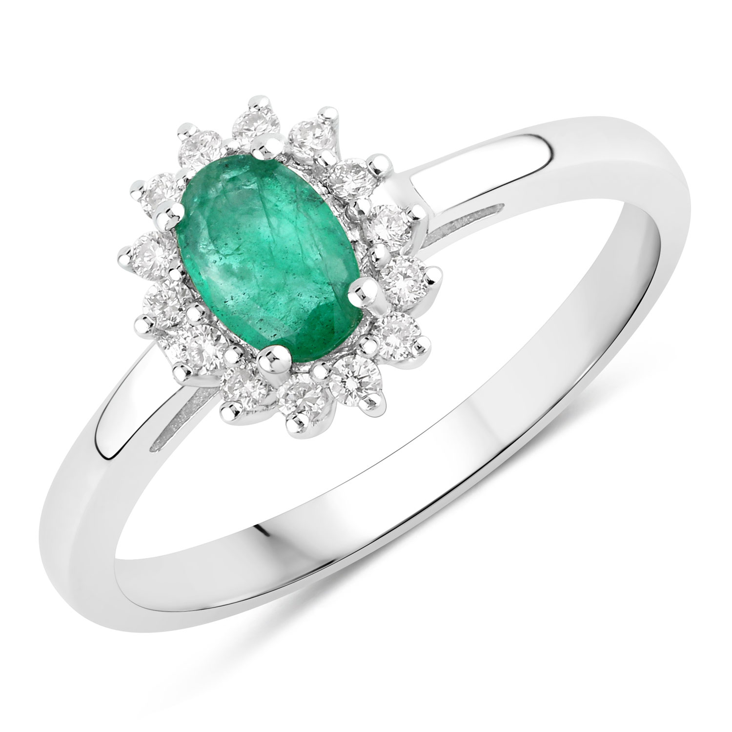 0.58 Carat Genuine Zambian Emerald and Lab Grown Diamond .925 Sterling Silver Ring Regular Quality
