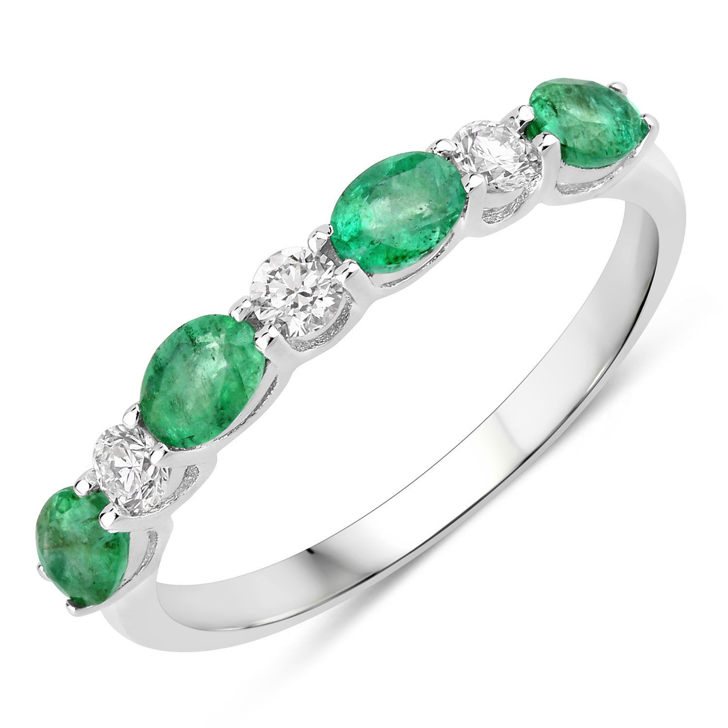 0.78 Carat Genuine Zambian Emerald and Lab Grown Diamond .925 Sterling Silver Ring Regular Quality