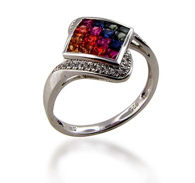 Sterling Silver Multi-colored Sapphire Ring .96 Carat Total Weight